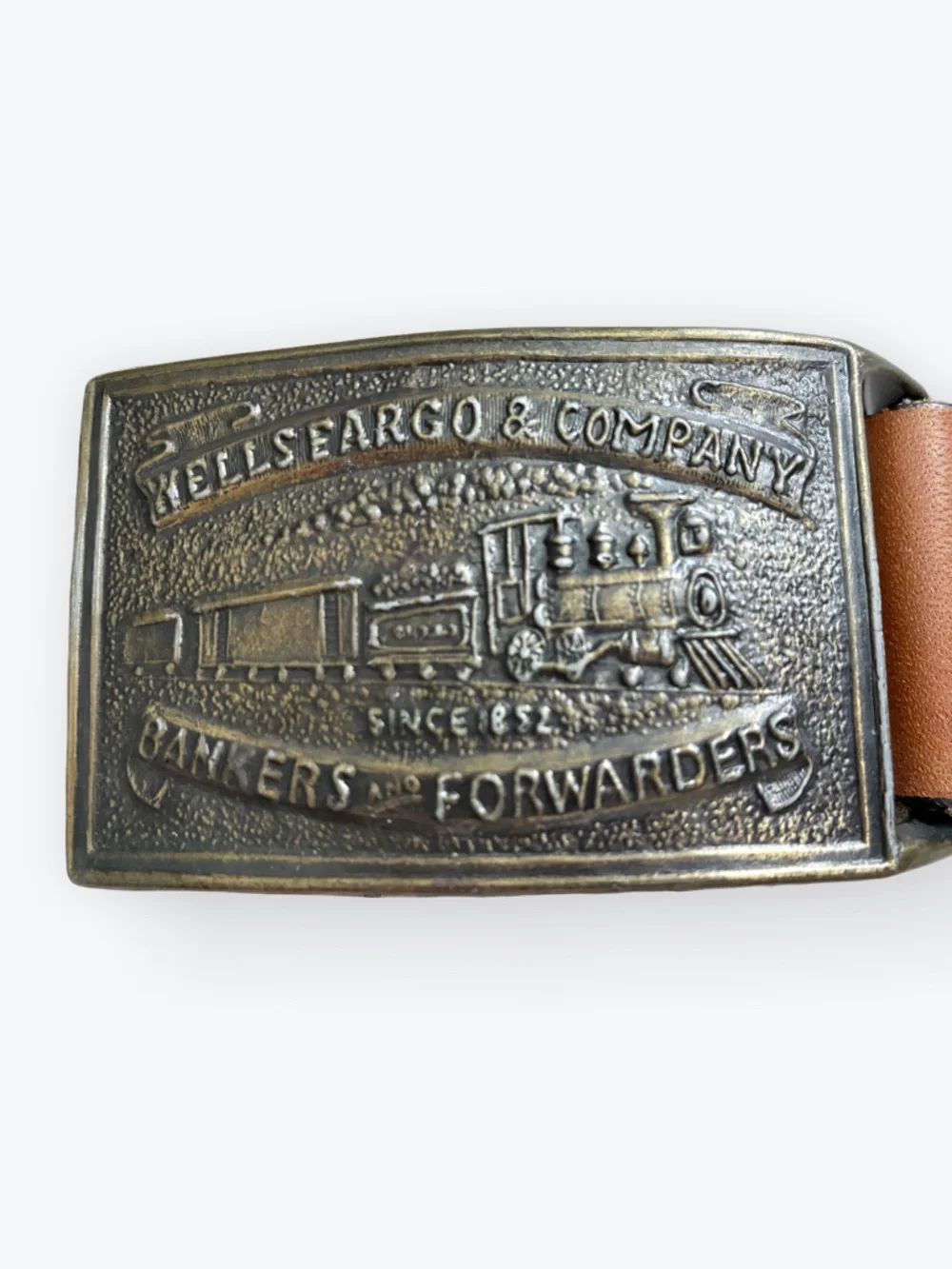 Vintage Wells Fargo Train Buckle and Brown Leather Belt